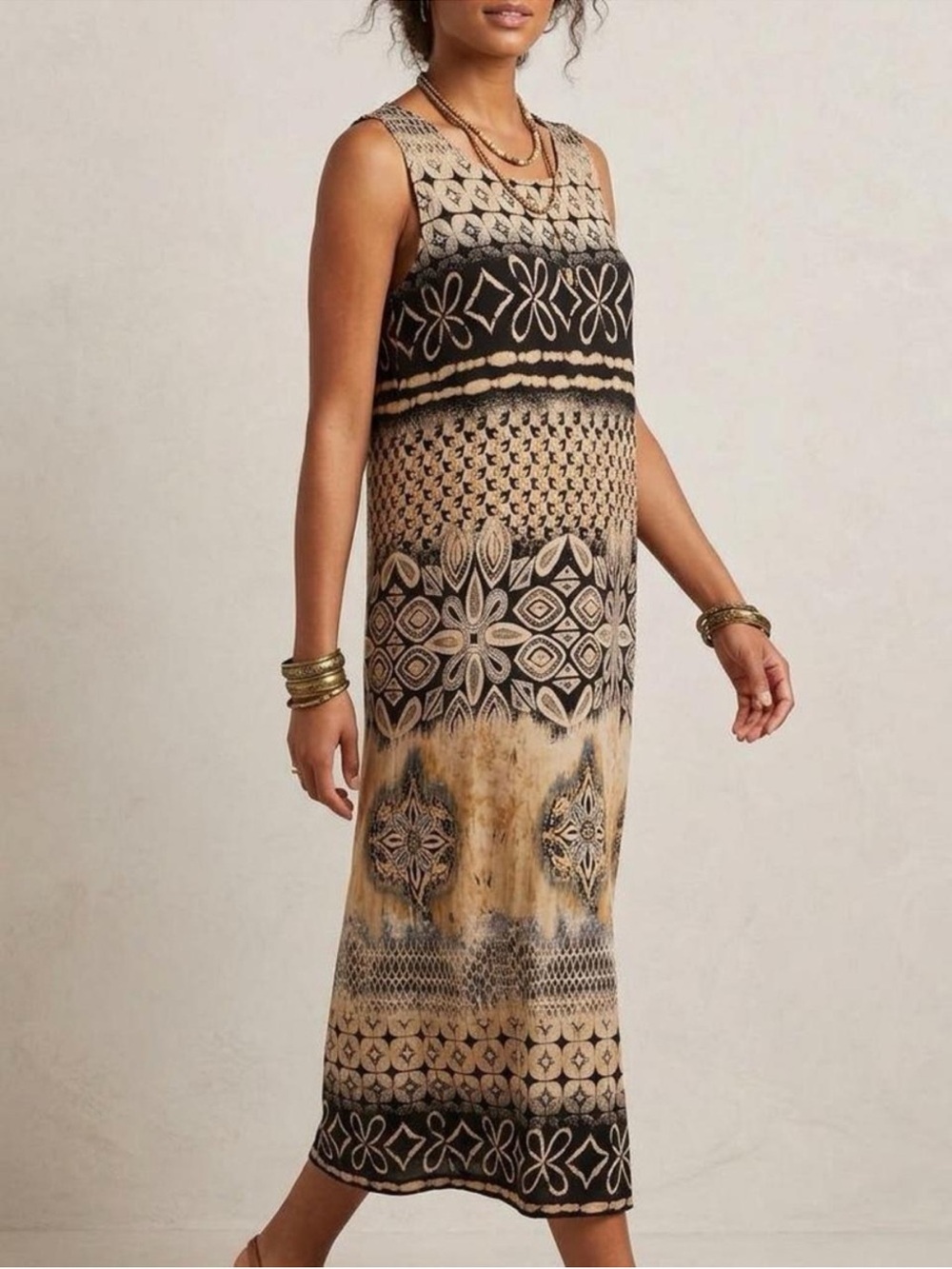 Coldwater Creek Black and Brown Patterned Sleeveless Maxi Dress Size XL
